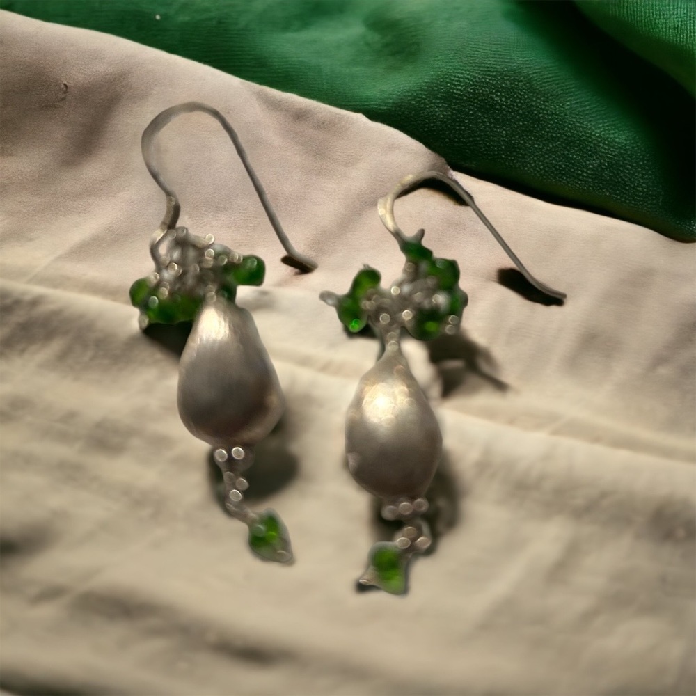 Silver and green dangle earrings